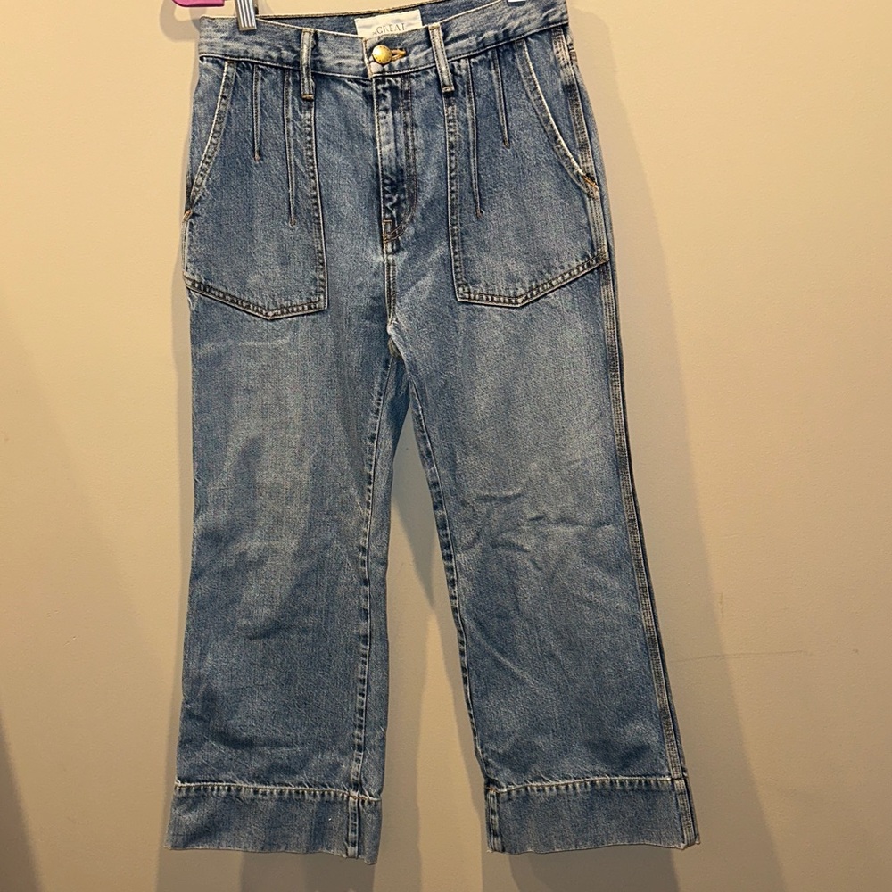 THE GREAT. Light Blue High Rise Flared Jeans